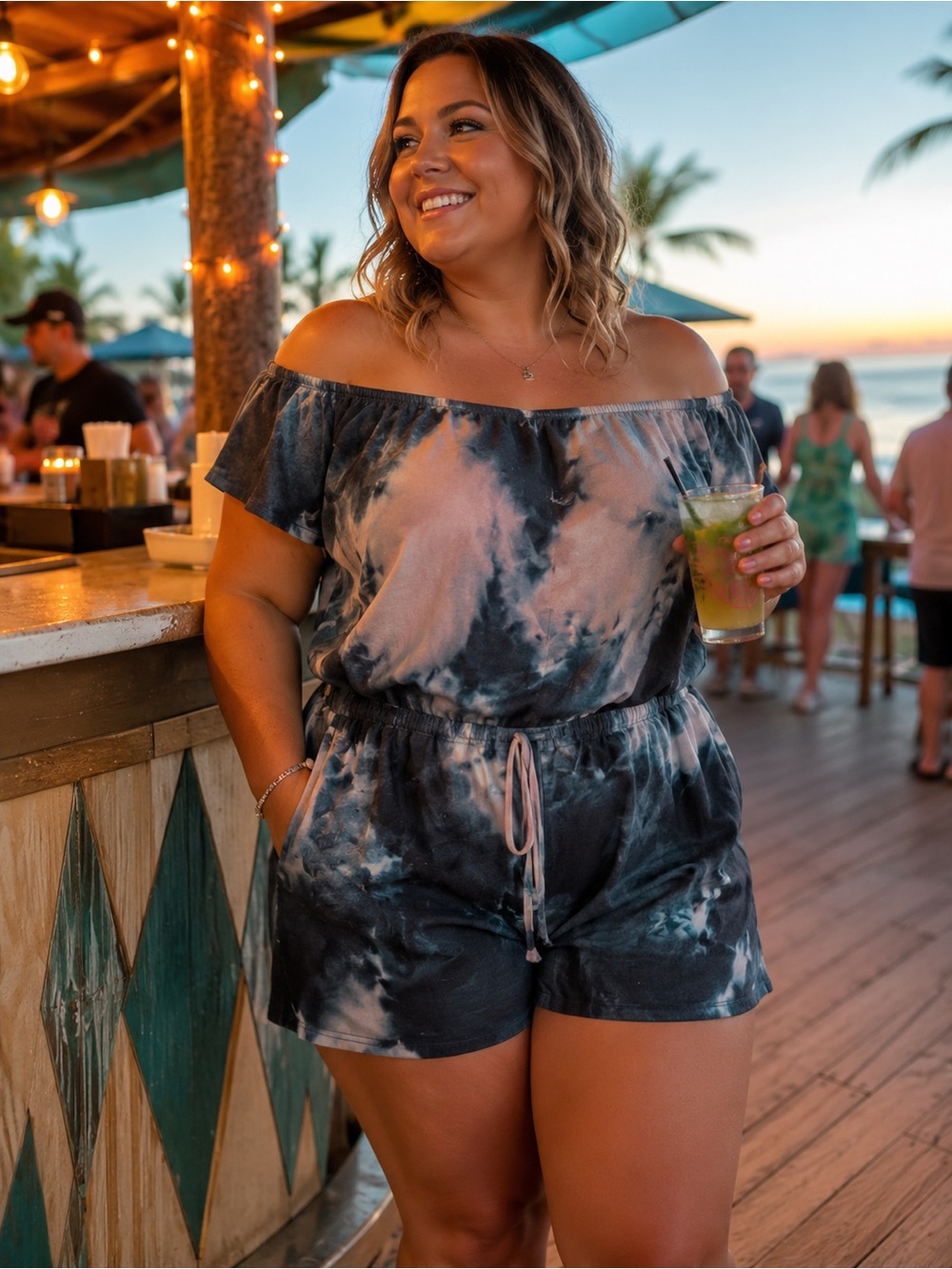🌸 Haute Fox Plus Women's Dusty Pink & Black/Blue Tie-Dye Romper
